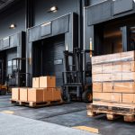 Forklifts and pallets at a warehouse loading dock